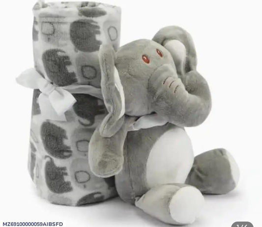 Baby Blanket & Elephant Toy Set Grey Fleece 36x36