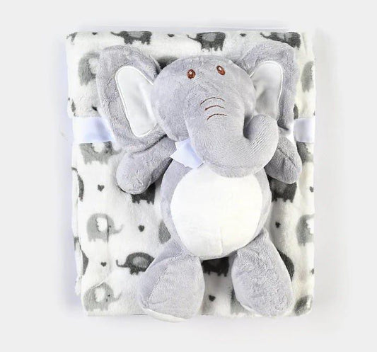 Baby Blanket & Elephant Toy Set Grey Fleece 36x36